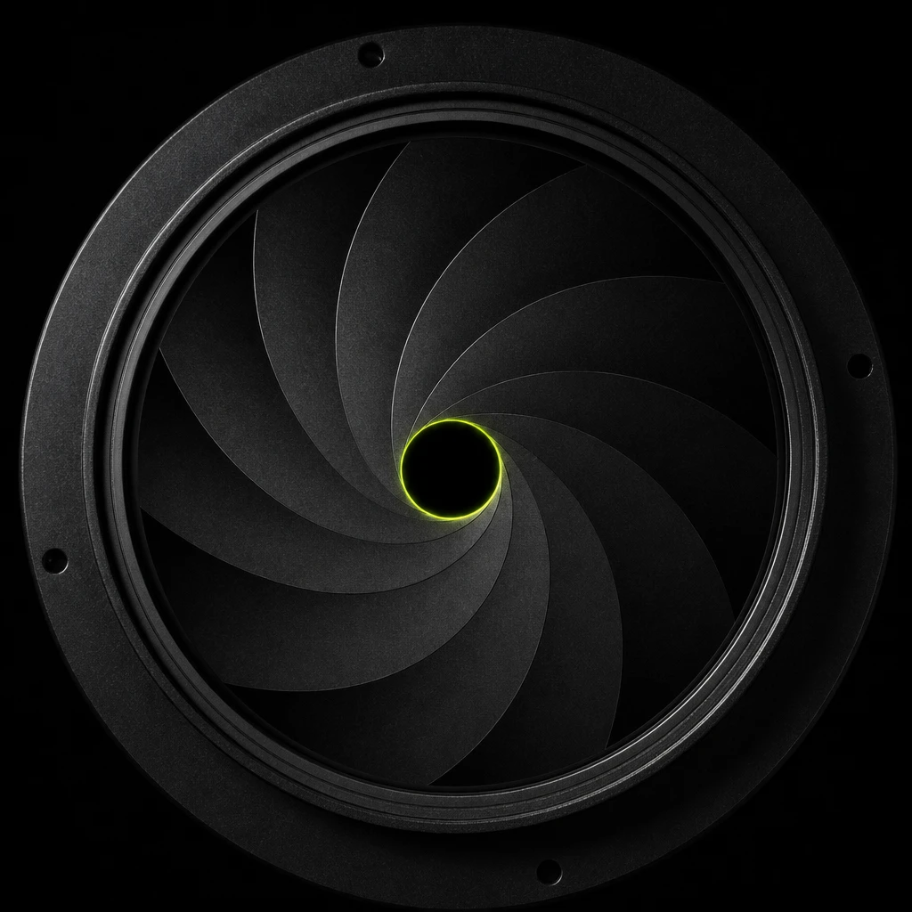 A machined black anodised iris aperture, partially open, rimmed with a thin line of light.