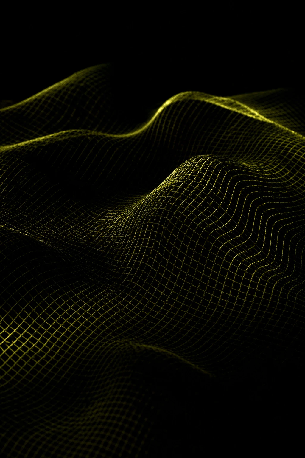 A fine black mesh distorted into a rippling topographic surface, lit so only the ridges catch the light.